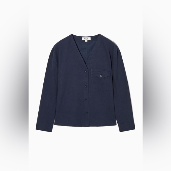 $99 COS Lightweight V-Neck Blouse Navy Blue Oversized - Picture 2 of 2